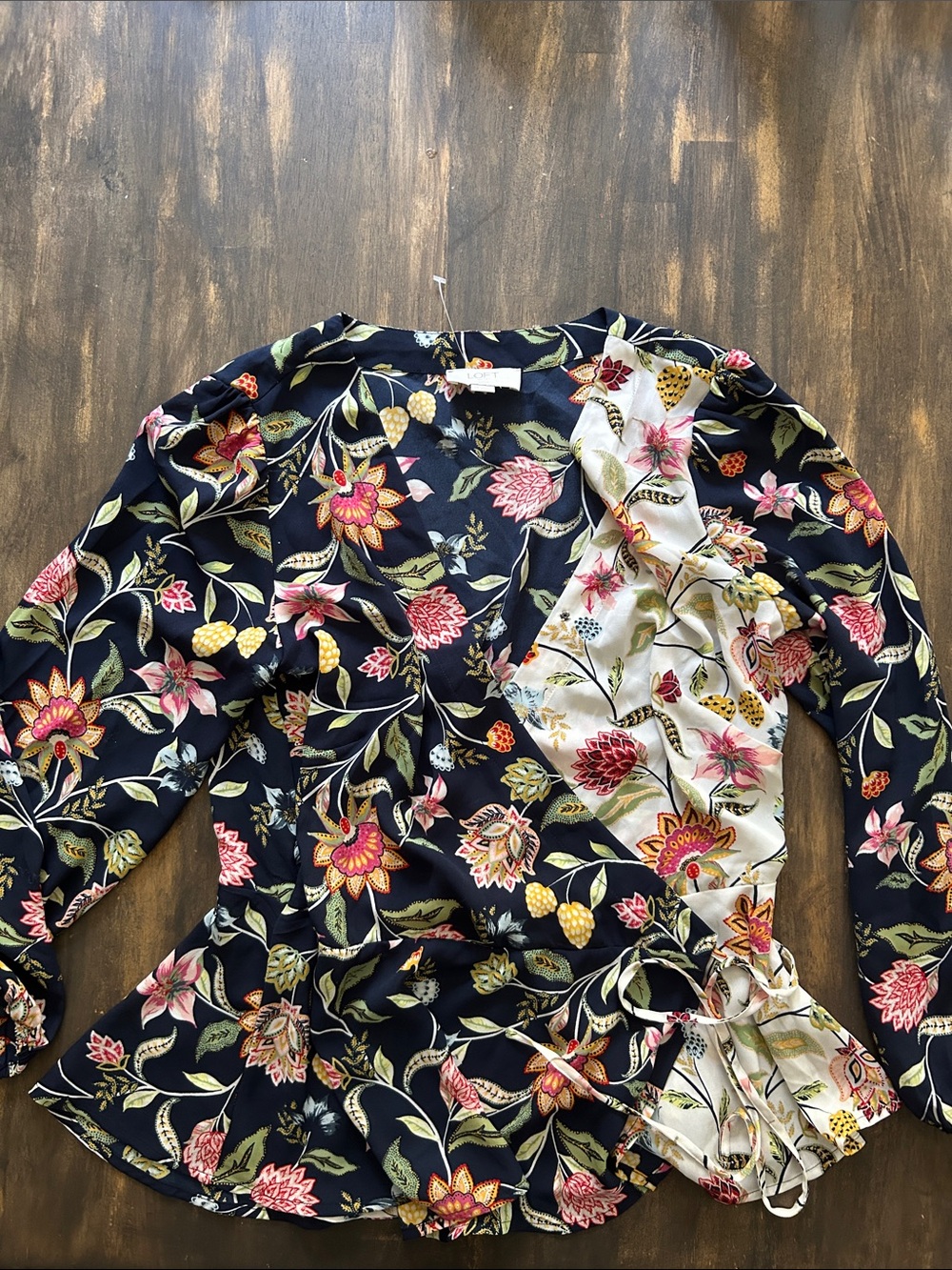 LOFT Navy Floral Wrap Top